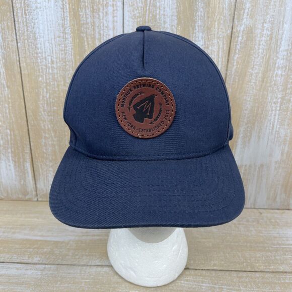 Montauk Brewing Company NY Leather Patch Logo Cap Hat Navy Blue Snapback - Picture 1 of 9